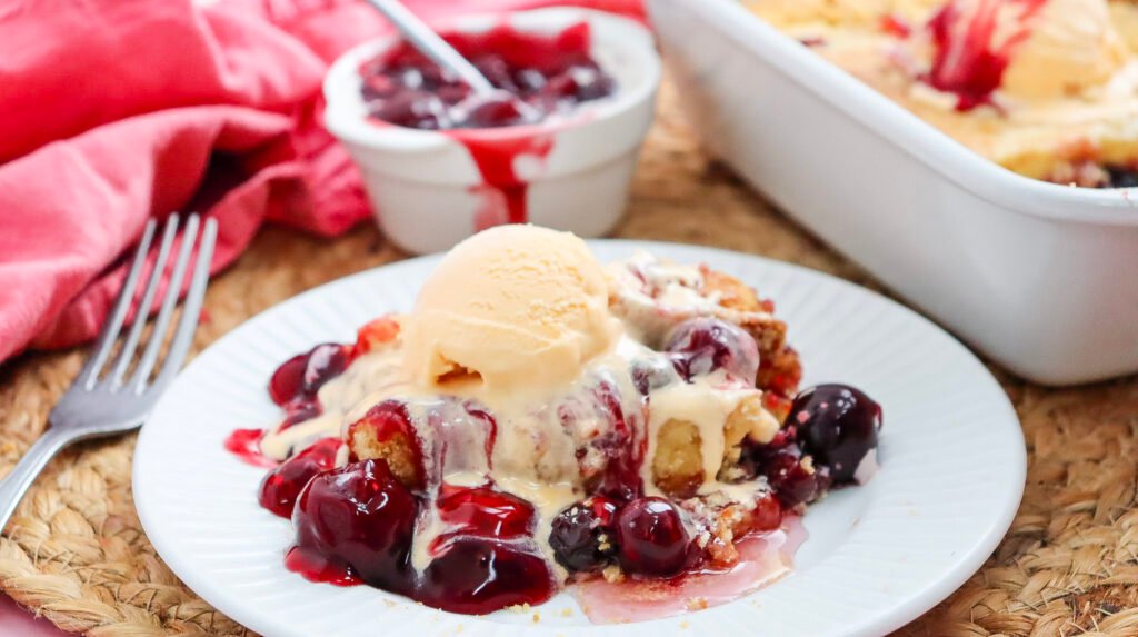 cherry dump cake with vanilla ice cream