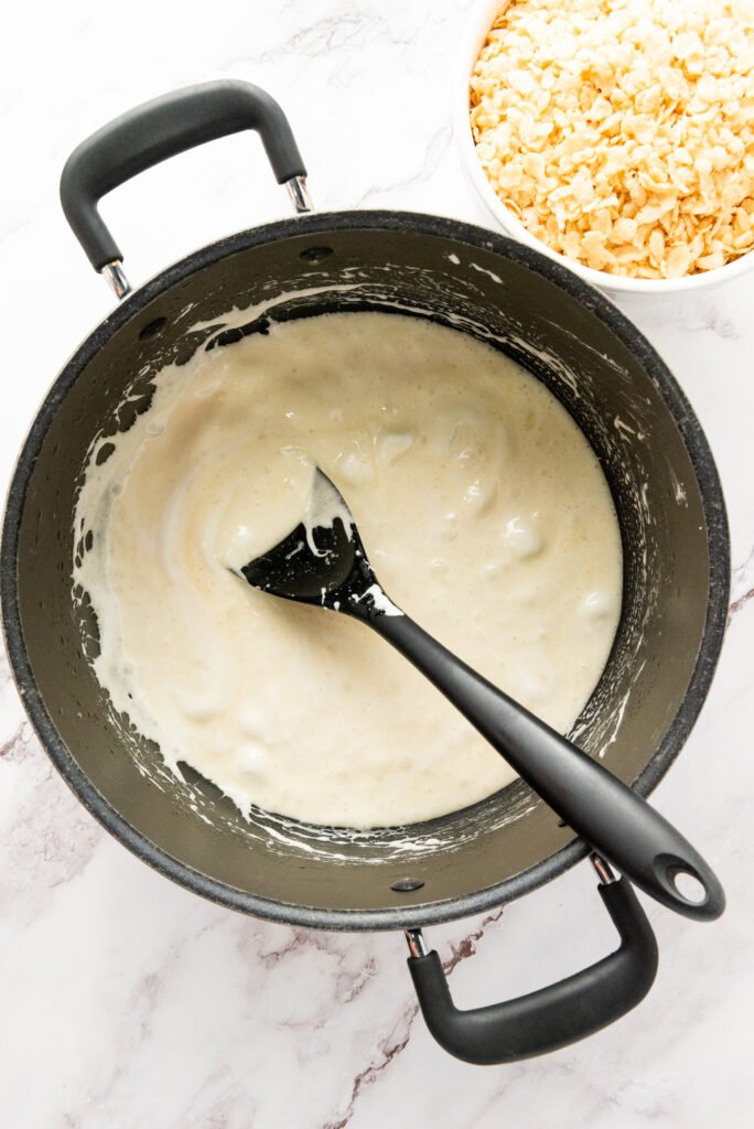 Melted marshmallow mixture in a large pot