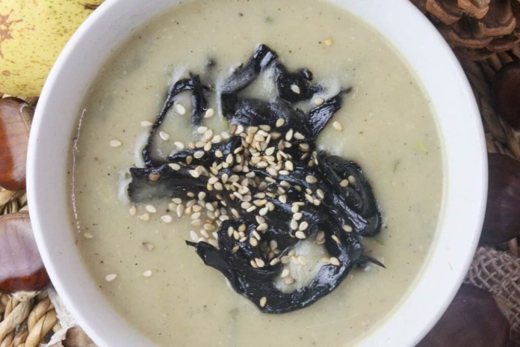 Pear Potato Soup with Black Trumpet Mushrooms