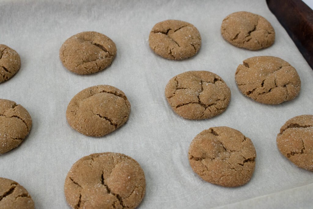 Freshly baked gingersnap cookies cooling on a baking sheet, with crisp edges and crackly tops