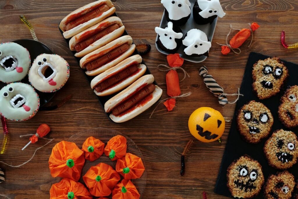 Halloween party food spread with spooky-themed treats