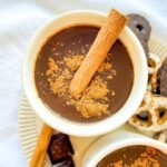 Close-up of cinnamon tequila hot chocolate in a white mug topped with ground cinnamon and a cinnamon stick
