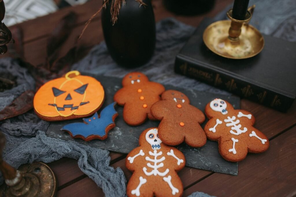 Halloween-themed cookies on a table